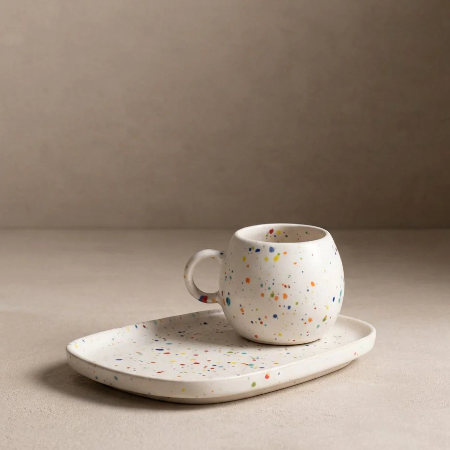 Speckled ceramic cup and saucer on a beige surface with a neutral background