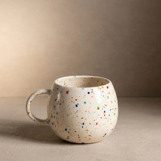 Speckled ceramic mug on a beige surface with a neutral background
