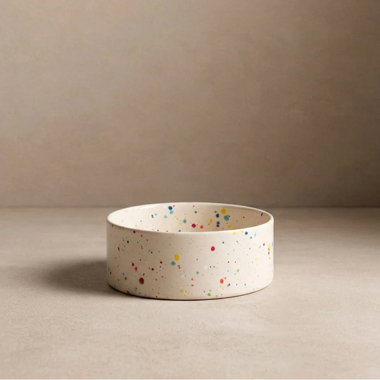 Ceramic bowl with colorful speckles on a beige background