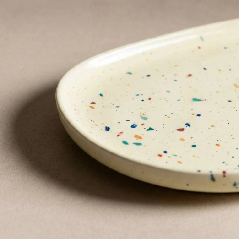 Speckled ceramic plate on a beige background